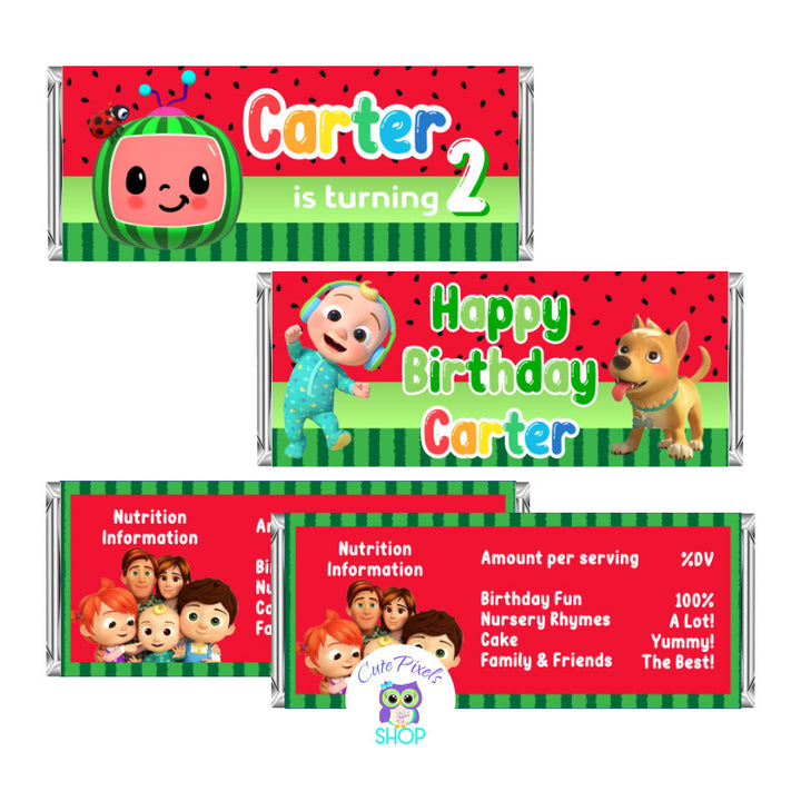 Cocomelon Candy bar Wrapper, red watermelon pattern with Cocomelon logo, Baby JJ, Bingo and customized with name and age. Cocomelon Chocolate Bar label