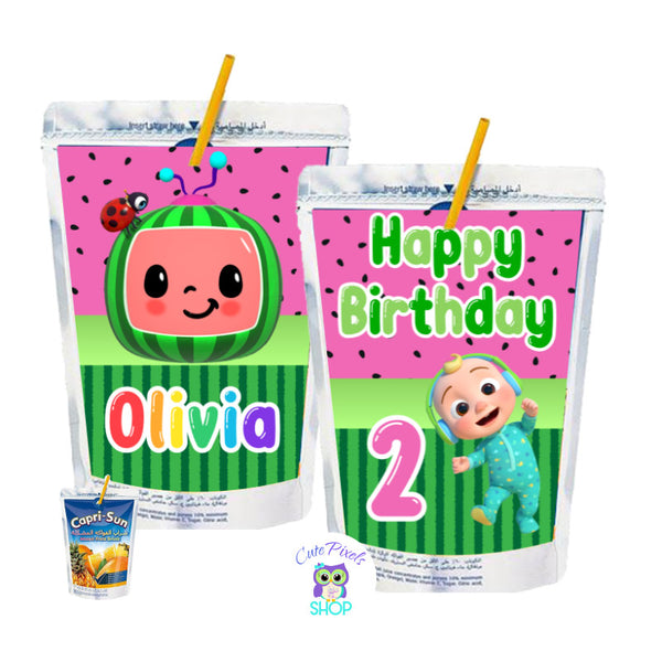 Cocomelon Capri Sun Labels with a pink watermelon pattern, Cocomelon logo, baby and characters. Customized with name and age