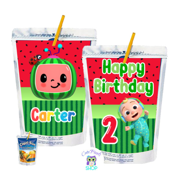 Cocomelon Capri Sun Labels with a red watermelon pattern, Cocomelon logo, baby and characters. Customized with name and age