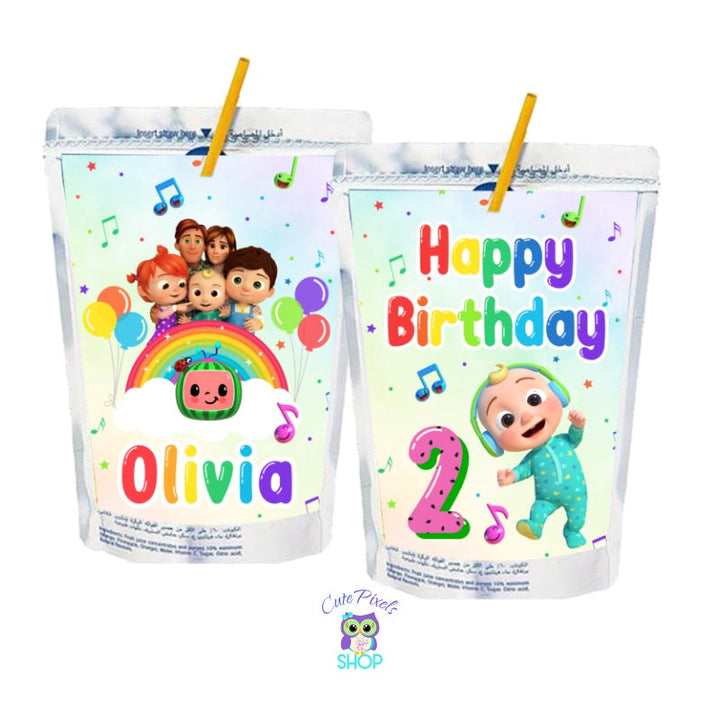 Cocomelon Capri Sun Labels. Cocomelon Drink labels with a soft rainbow background, musical notes and cocomelon characters