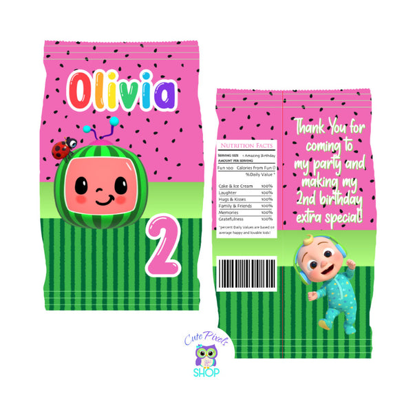 Cocomelon Chip Bag. Pink Design with Cocomelon logo and Watermelon pattern in pink and green. Customzied with name and age