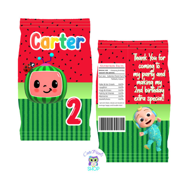Cocomelon Chip Bag. Red Design with Cocomelon logo and Watermelon pattern in pink and green. Customzied with name and age