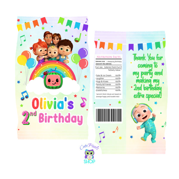 Cocomelon Chip Bag Wrapper. Cocomelon label for Chip Bags. Soft Rainbow background with cocomelon and cocomelon family, balloons and musical notes in front. Customized with name and thank you message on back.