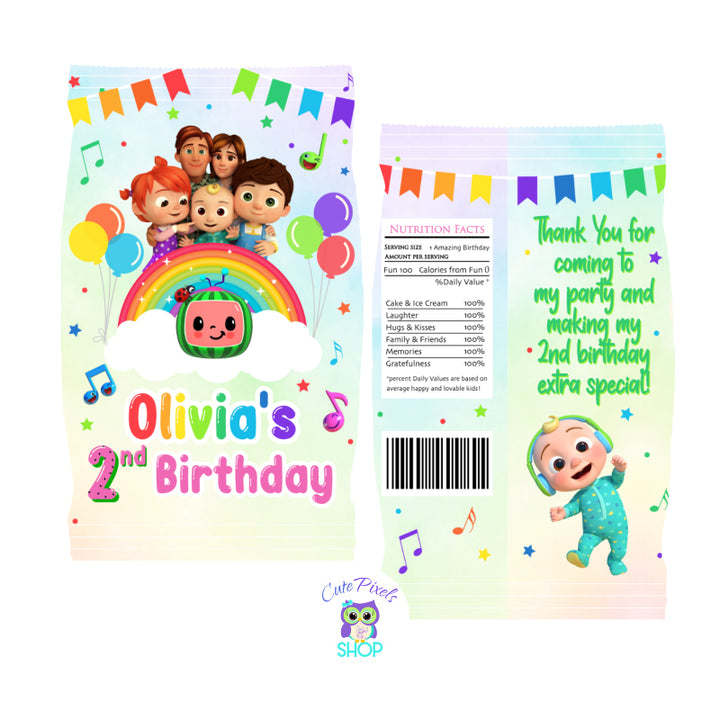 Cocomelon Chip Bag Wrapper. Cocomelon label for Chip Bags. Soft Rainbow background with cocomelon and cocomelon family, balloons and musical notes in front. Customized with name and thank you message on back.