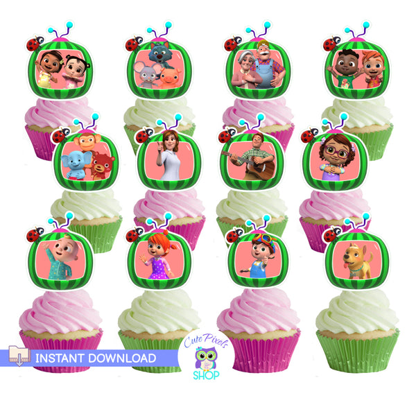 Cocomelon cutouts to be used as cupcake toppers, stickers and party decoration. Twelve different designs with Cocomelon tv and Cocomelon characters. Instant download. Use with Cricut, Silhouette or cut by hand.