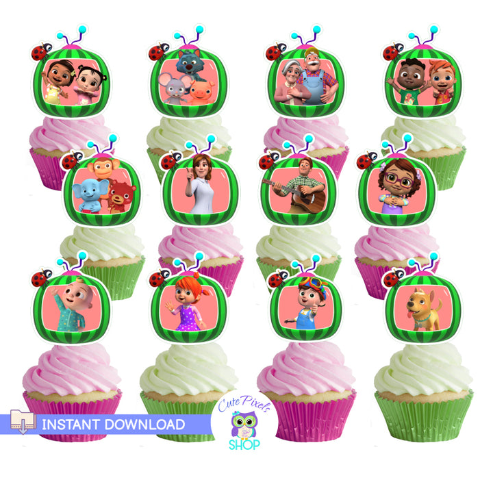 Cocomelon cutouts to be used as cupcake toppers, stickers and party decoration. Twelve different designs with Cocomelon tv and Cocomelon characters. Instant download. Use with Cricut, Silhouette or cut by hand.