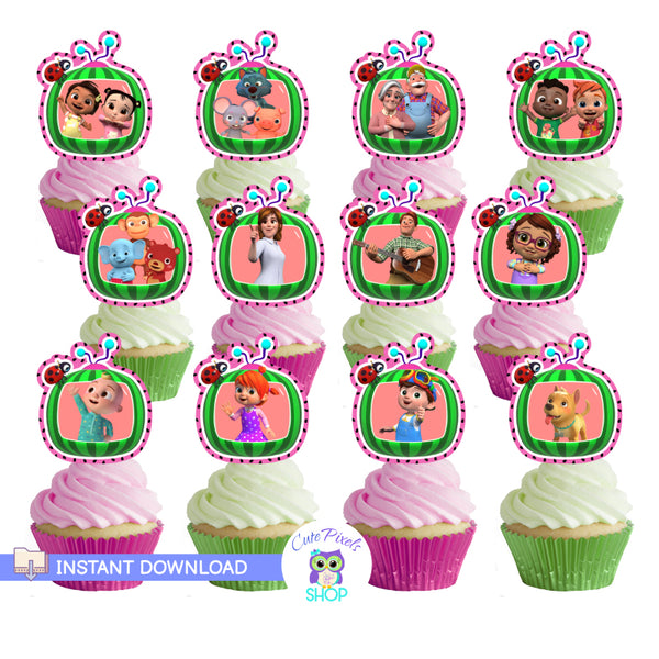 Cocomelon cutouts to be used as cupcake toppers, stickers and party decoration. Twelve different designs with Cocomelon tv and Cocomelon characters. Instant download. Use with Cricut, Silhouette or cut by hand. Outlined in a pink watermelon pattern.