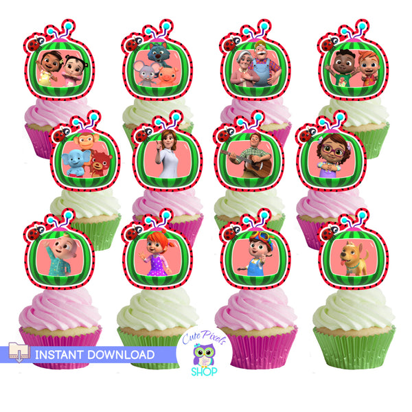 Cocomelon cutouts to be used as cupcake toppers, stickers and party decoration. Twelve different designs with Cocomelon tv and Cocomelon characters. Instant download. Use with Cricut, Silhouette or cut by hand. Outlined in a red watermelon pattern.