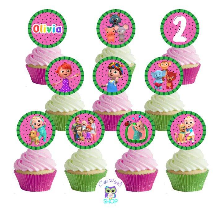 Cocomelon cupcake toppers, Cocomelon Round toppers. Round tags with a watermelon pattern and Cocomelon characters, child's name and age. Double sided