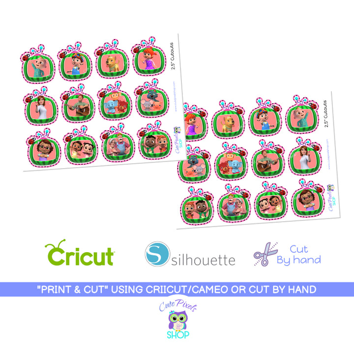 Sample of files received for the Cocomelon cutouts, cut by hand or using your cutting machine, Cricut or silhouette.
