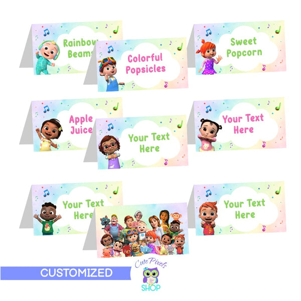 Cocomelon place cards, cocomelon food labels. Customized with your own text. Each Cocomelon card has a different character from Cocomelon and back comes with all cocomelon characters together. Soft rainbow and musical notes background. 