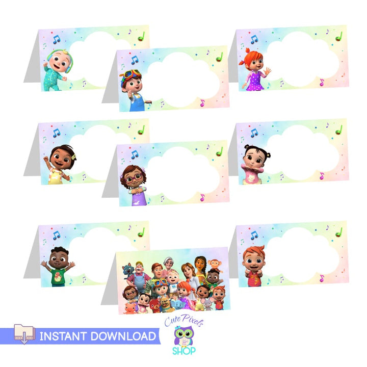 Cocomelon place cards, cocomelon food labels blank for you to write in. Each Cocomelon card has a different character from Cocomelon and back comes with all cocomelon characters together. Soft rainbow and musical notes background.