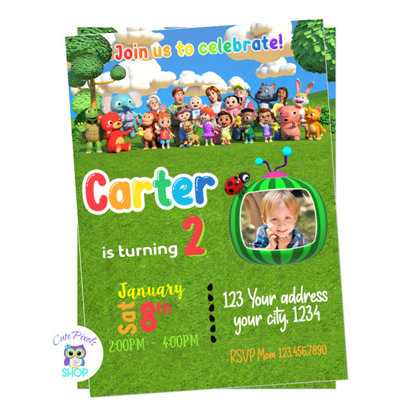 Cocomelon Birthday invitation for boy, with all Cocomelon characters and child's photo for Cocomelon Birthday