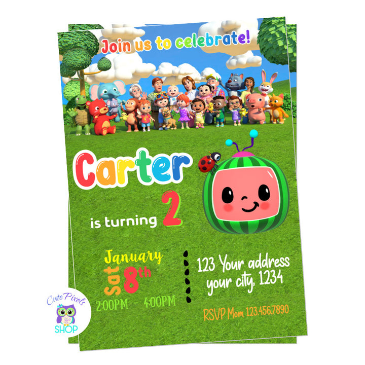 Cocomelon Birthday invitation for boy, with all Cocomelon characters and Cocomelon logo for Cocomelon Birthday