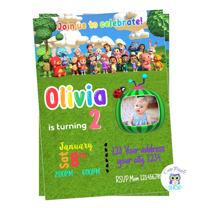 Cocomelon Birthday Invitation wirh All Cocomelon gathered to celebrate. Your child's photo in the Cocomelon Logo perfect for a Cocomelon Birthday full or Nursery Rhymes