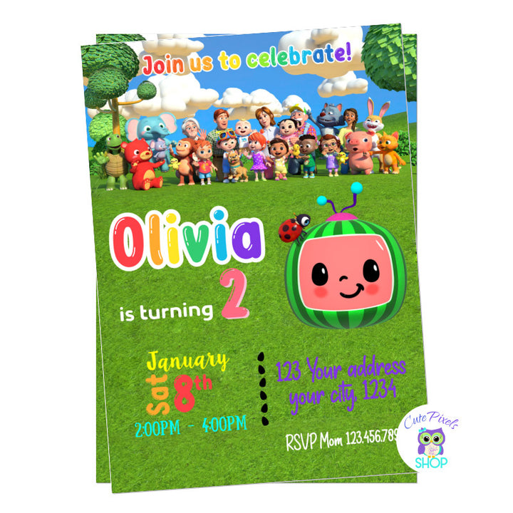 Cocomelon Invitation, full of Cocomelon characters to celebrate your Cocomelon Birthday Party