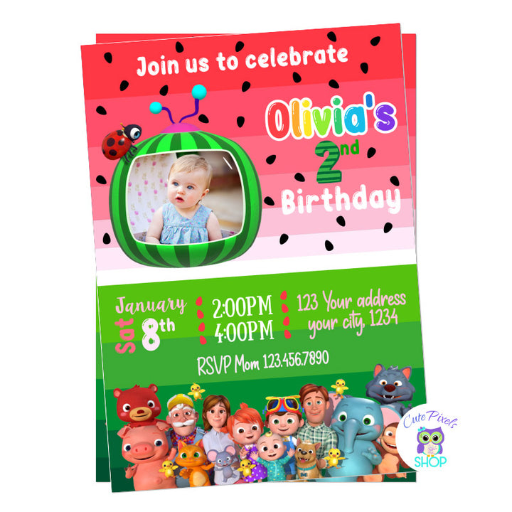 Cocmelon invitation with child's photo. Watermelon pattern and all cocomelon characters