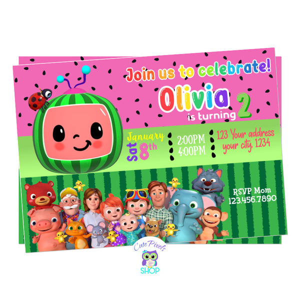 Cocomelon Birthday Invitation for Girl in Pink, with Cocomelon logo, all Cocomelon Characters and a Watermelon pattern in pink