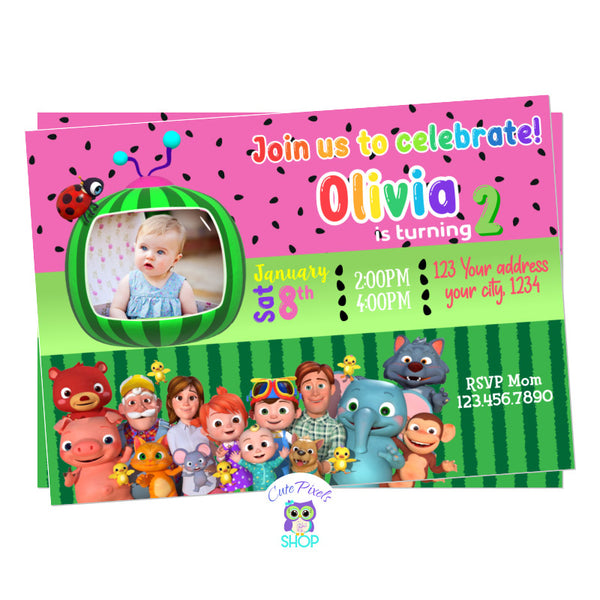 Pink Cocomelon invitation for girl with all Cocomelon Characters for a Birthday party full or Nursery rhymes