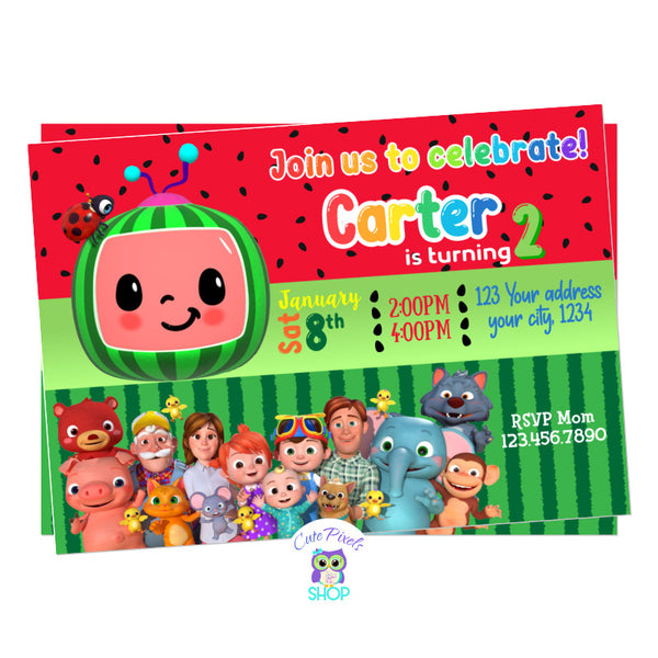 Cocomelon Birthday Invitation in Red, with Cocomelon logo, all Cocomelon Characters and a Watermelon pattern in red