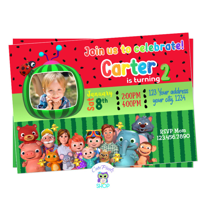 Red Cocomelon Invitation for boy or girl with Child's photo and all Cocomelon Characters