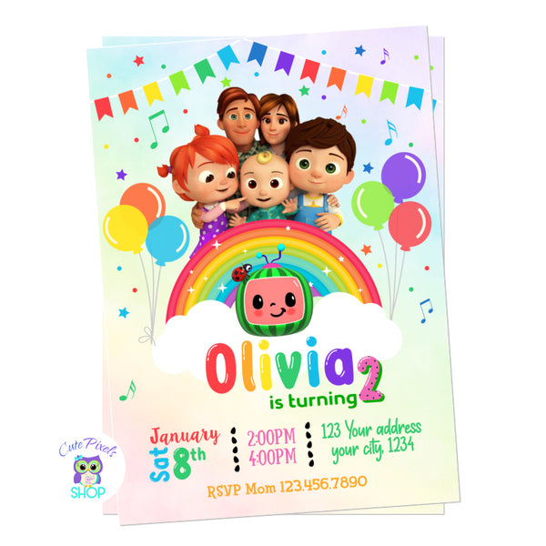 Cocomelon Invitation in a soft rainbow background full of bunting banners, musical notes, starts and balloons. Invitation with the Cocomelon Family for a cute Cocomelon Birthday