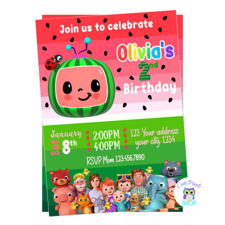 Cocomelon invitation for Birthday with all Cocomelon characters on it and a watermelon pattern
