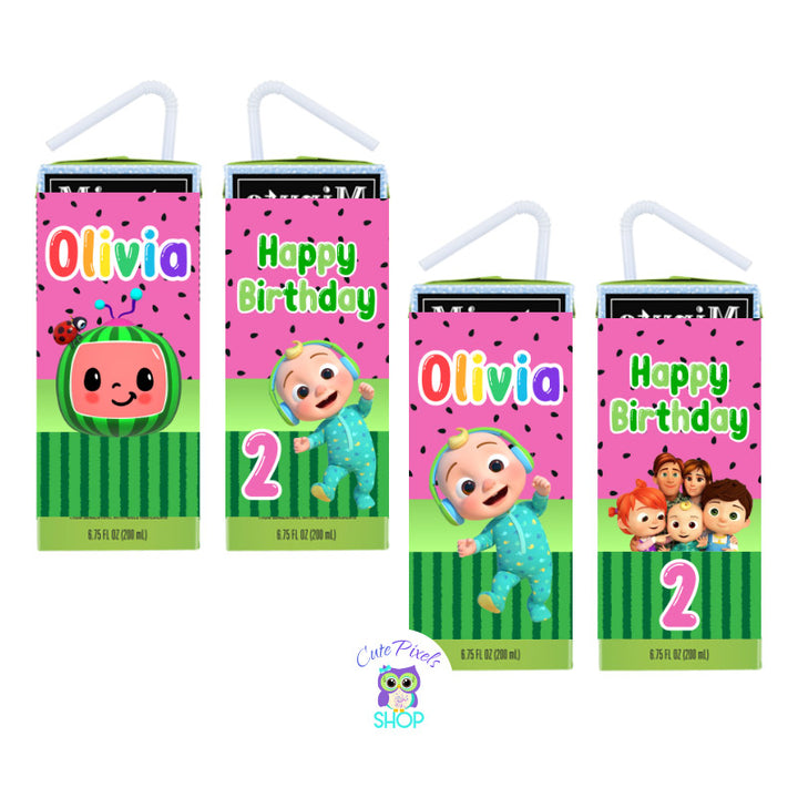 Cocomelon Juice box Labels with a pink watermelon pattern, Cocomelon logo, baby and characters. Customized with name and age