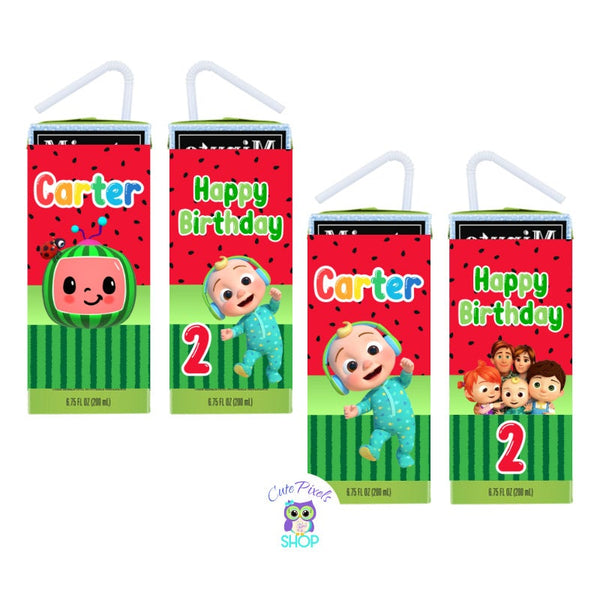 Cocomelon Juice box Labels with a red watermelon pattern, Cocomelon logo, baby and characters. Customized with name and age