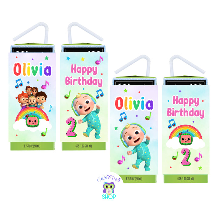 Cocomelon Juice Box Labels. Cocomelon Drink labels with a soft rainbow background, musical notes and cocomelon characters