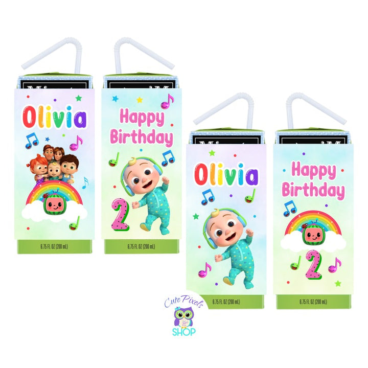 Cocomelon Juice Box Labels. Cocomelon Drink labels with a soft rainbow background, musical notes and cocomelon characters