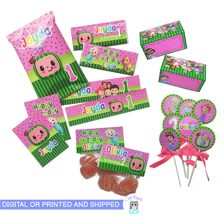 Cocomelon Party Bundle, Cocomelon Party Labels for you to choose, mix and make your own Party Package. Receive digital or printed and shipped. Includes Chip Bag Wrappers, Cupcake Toppers, Capri Sun Labels, Juice Box Labels, Water Bottle Labels, Rice Krispies Wrappers, Tent Cards, Thank You Tags, Round Stickers. All with a watermelon pattern and Cocomelon Characters. Printed and shipped