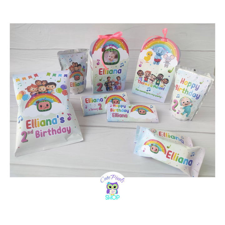 Cocomelon Party favors printed and ready for your Cocomelon Birthday party. Cocomelon Chip bags, Candy bar wrappers, Capri Sun Labels, Rice Krispies wrappers and Party Favors box.