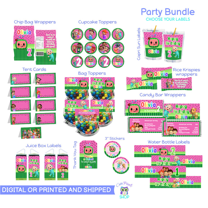 Cocomelon Party Bundle, Cocomelon Party Labels for you to choose, mix and make your own Party Package. Receive digital or printed and shipped. Includes Chip Bag Wrappers, Cupcake Toppers, Capri Sun Labels, Juice Box Labels, Water Bottle Labels, Rice Krispies Wrappers, Tent Cards, Thank You Tags, Round Stickers. All with a watermelon pattern and Cocomelon Characters
