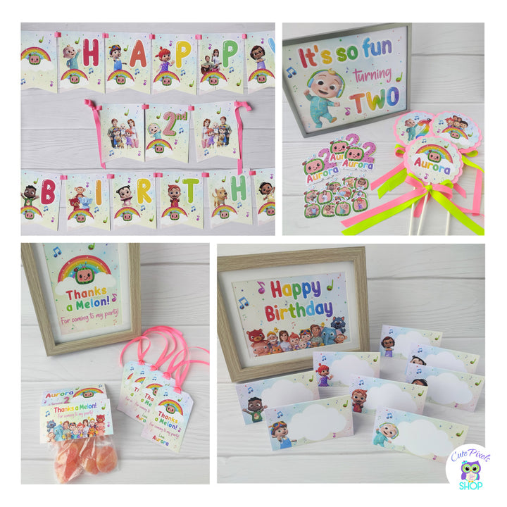 Cocomelon Birthday Banner, fully printed and assembled. Each flag has a Cocomelon character and multicolored letters with Happy Birthday on it. Thank you sign, tags and bag toppers from the Cocomelon Party Decorations kit, place cards and Happy Birthday Sign