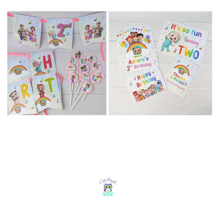 Cocomelon Birthday Banner, fully printed and assembled. Each flag has a Cocomelon character and multicolored letters with Happy Birthday on it. Cocomelon cupcake toppers and sign all included in the Cocomelon Party decorations kit
