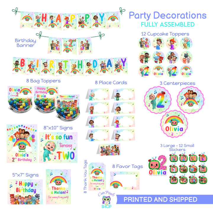 Cocomelon Party Decorations fully assembled. Party in a box Cocomelon Party Package including Banner, Cupcake Toppers, Centerpieces, Thank You Tags, Place Cards, Birthday Signs, Favor Tags, Bag Toppers and stickers. All printed with a rainbow pattern and all Cocomelon characters. Specifications for each item