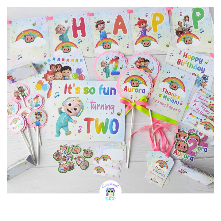 Cocomelon party decoration printed and shipped with all party favors and decorations you need for a Cocomelon Birthday Party. Banner, Centerpieces, Cupcake toppers, Bag Toppers, Favor Tags, Stickers, Signs