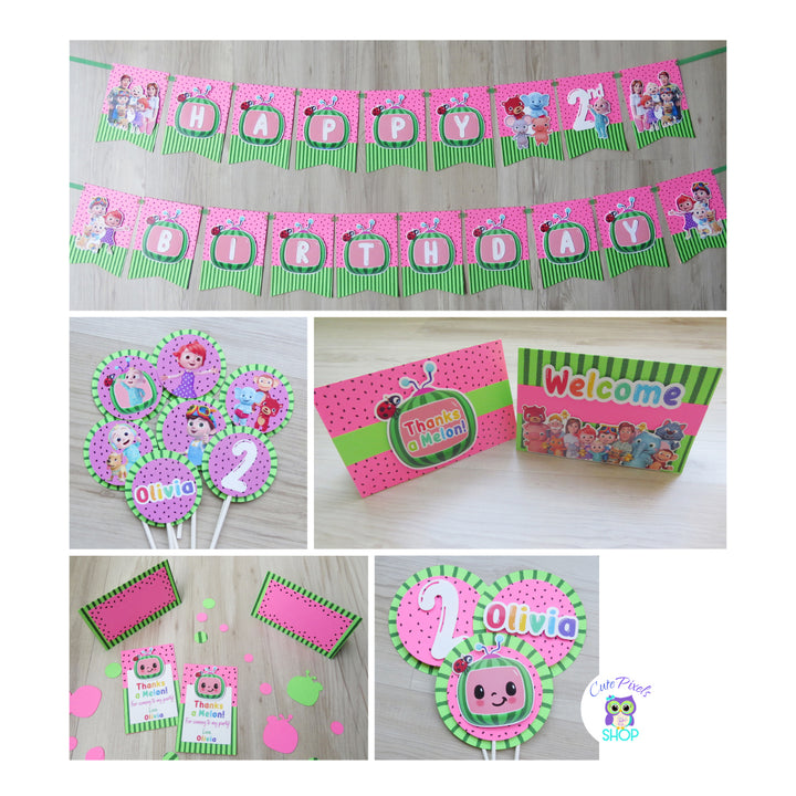 Cocomelon Party Decorations fully assembled. Party in a box Cocomelon Party Package including Banner, Cupcake Toppers, Centerpieces, Thank You Tags, Place Cards, Welcome Sign, Thank You Sign and Confetti. All in layered cardstock with a watermelon pattern and all Cocomelon characters.