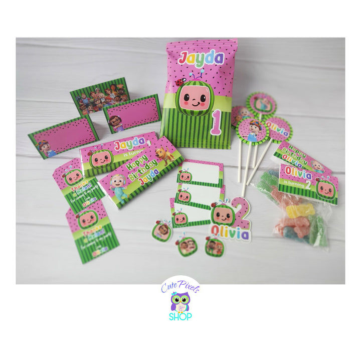 Cocomelon party favors printed and ready for your Cocomelon Birthday party. Cocomelon Bag Toppers, Chip Bag, Candy bar Wrappers, Thank you tags, Place cards and Cupcake toppers,
