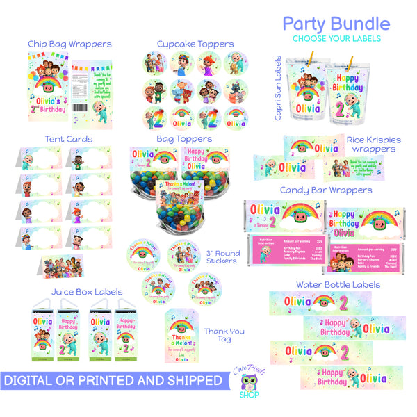 Cocomelon Party Bundle. Set of Cocomelon party decorations for you to choose the labels you want for your Cocomelon Birthday. All with a soft rainbow background, all cocomelon characters and musical notes.