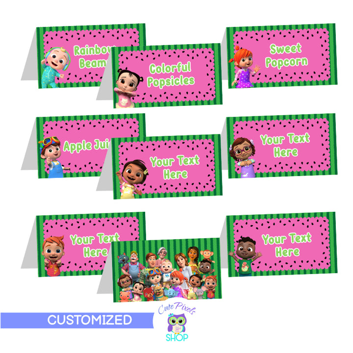 Cocomelon place cards, cocomelon food labels customized text. Each Cocomelon card has a different character from Cocomelon and back comes with all cocomelon characters together.