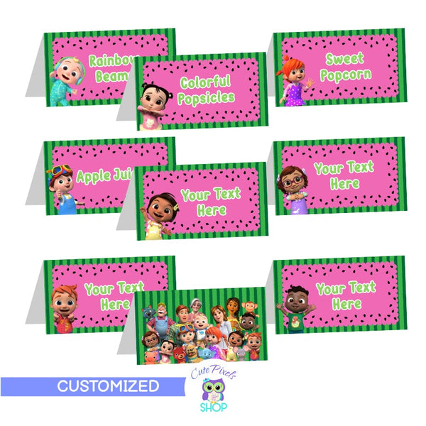 Cocomelon place cards, cocomelon food labels, custom text. Each Cocomelon card has a different character from Cocomelon and back comes with all cocomelon characters together.