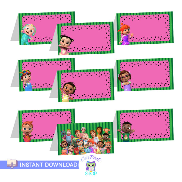 Cocomelon place cards, cocomelon food labels blank for you to write in. Each Cocomelon card has a different character from Cocomelon and back comes with all cocomelon characters together.