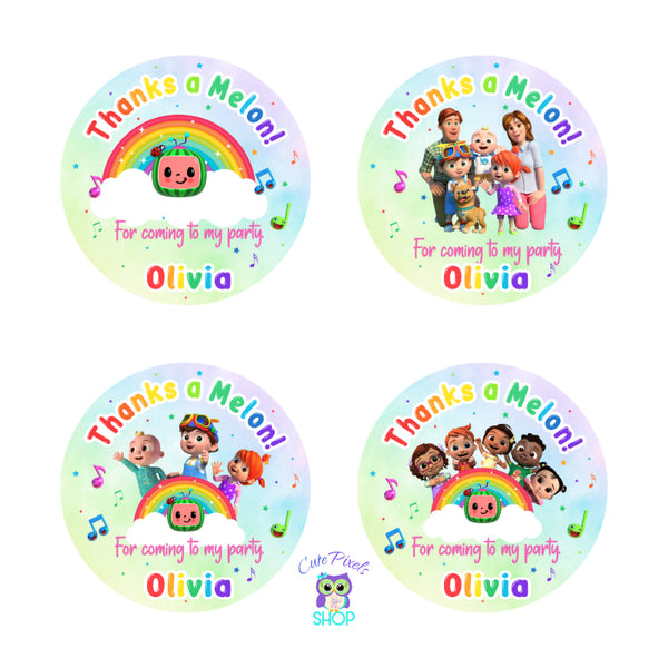 Cocomelon thank you tags, round tags for Cocomelon party favors in soft rainbow background with the Cocomelon characters. Thanks a Melon text like cocomelon logo. Customized with child's name.