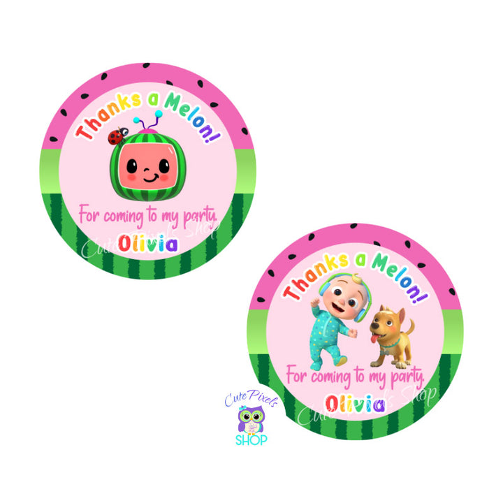 Cocomelon thank you tags, round tags for Cocomelon party favors in pink with a watermelon pattern and the Cocomelon logo, Baby JJ and Bingo. Thanks a Melon text like cocomelon logo