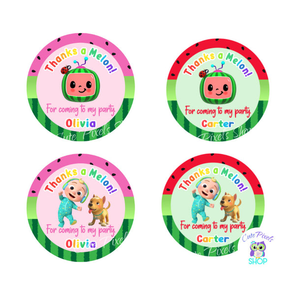 Cocomelon thank you tags, round tags for Cocomelon party favors, come in pink and red with a watermelon pattern and the Cocomelon logo, Baby JJ and Bingo. Thanks a Melon text