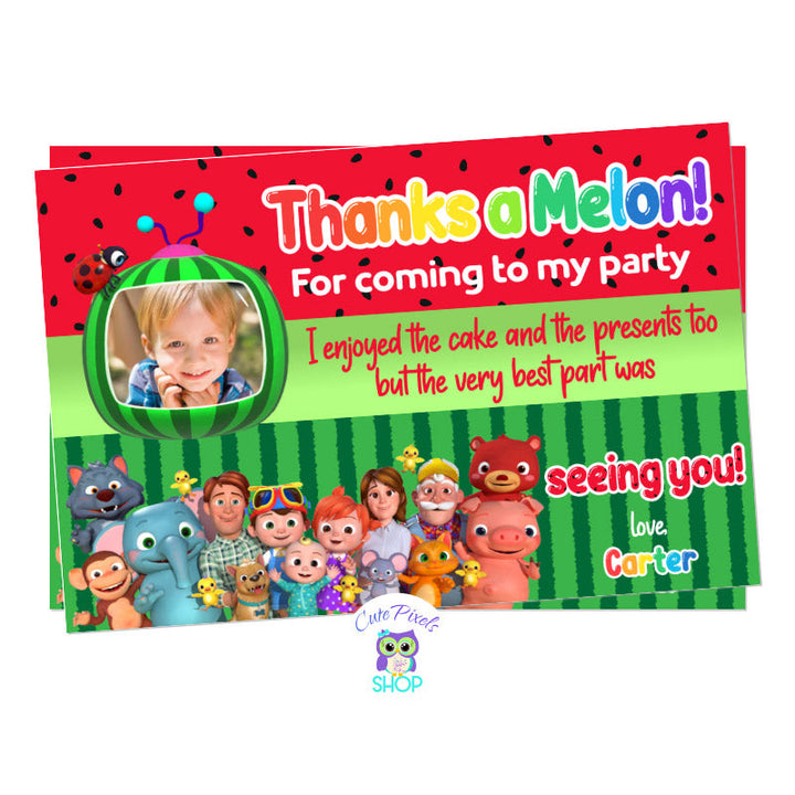 Cocomelon Thank You Card in red with child's photo. Watermelon pattern for a Cocomelon Nursery Rhymes Birthday