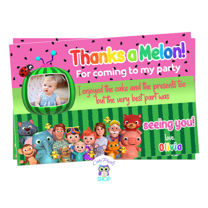 Cocomelon Thank You Card in pink with child's photo. Watermelon pattern for a Cocomelon Nursery Rhymes Birthday