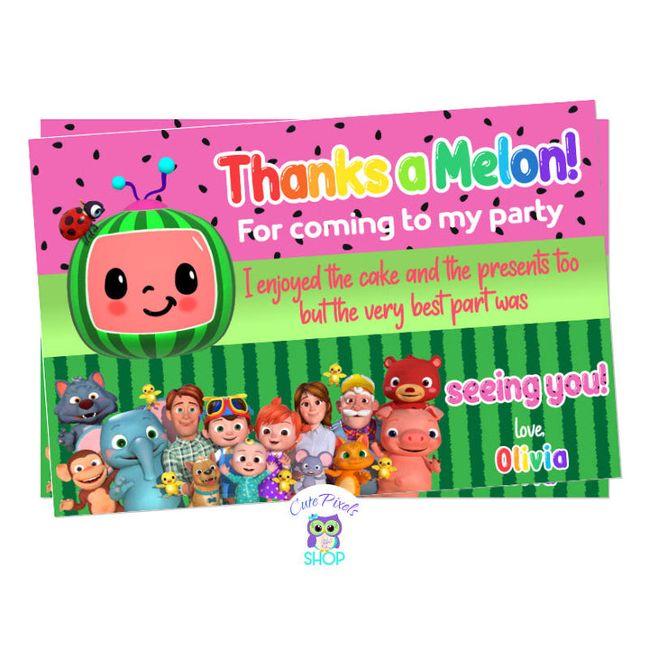 Cocomelon Thank You Card in pink. Watermelon pattern for a Cocomelon Nursery Rhymes Birthday